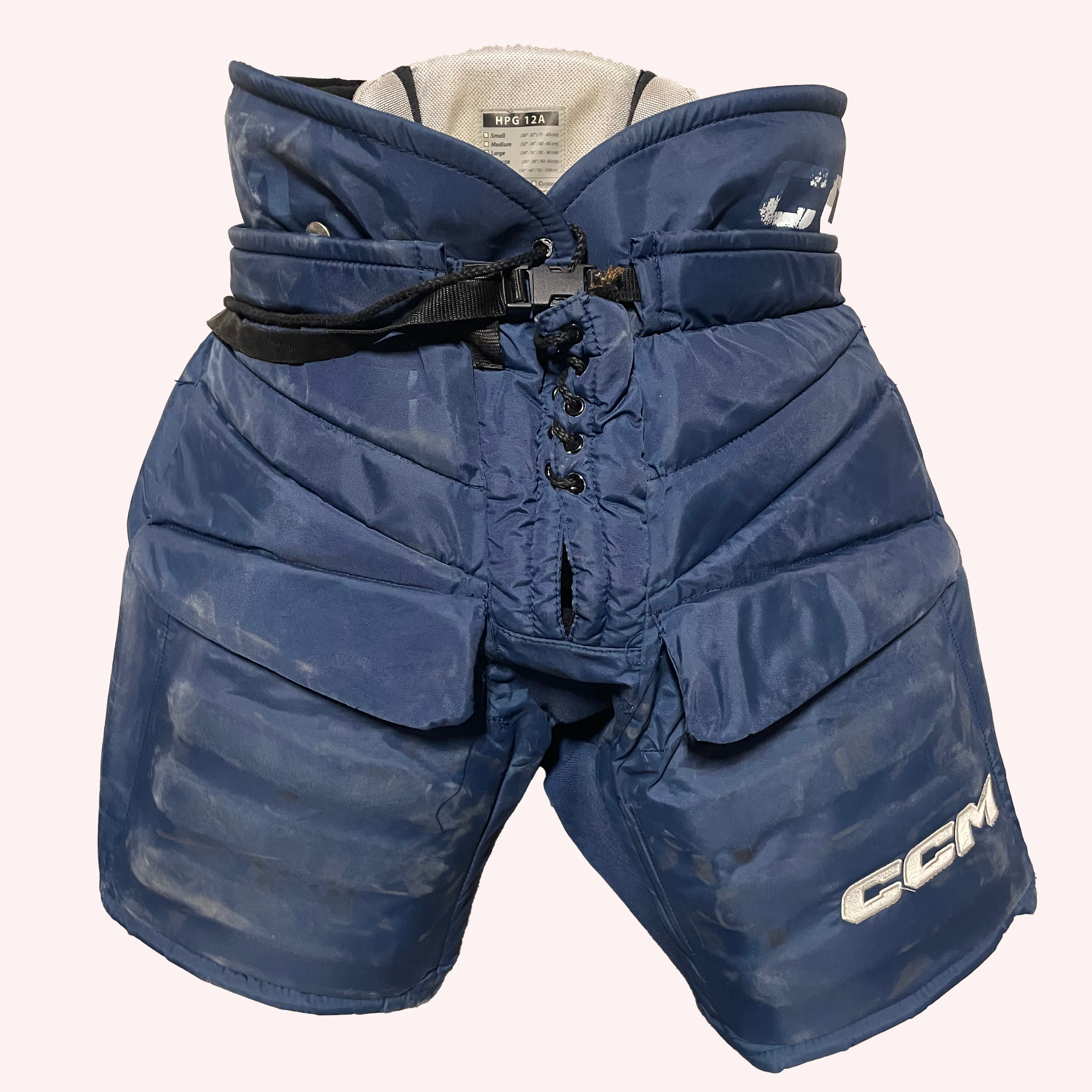 CCM HPG12A - Pantalon de gardien de but de hockey Pro Stock d'occasion de la Ligue de hockey de l'Ontario (bleu/blanc/jaune)